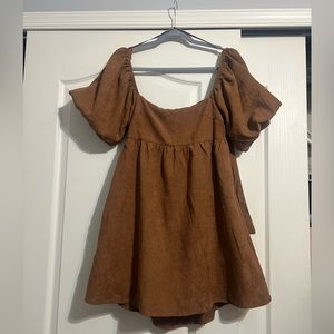 Brown corduroy puff sleeve dress